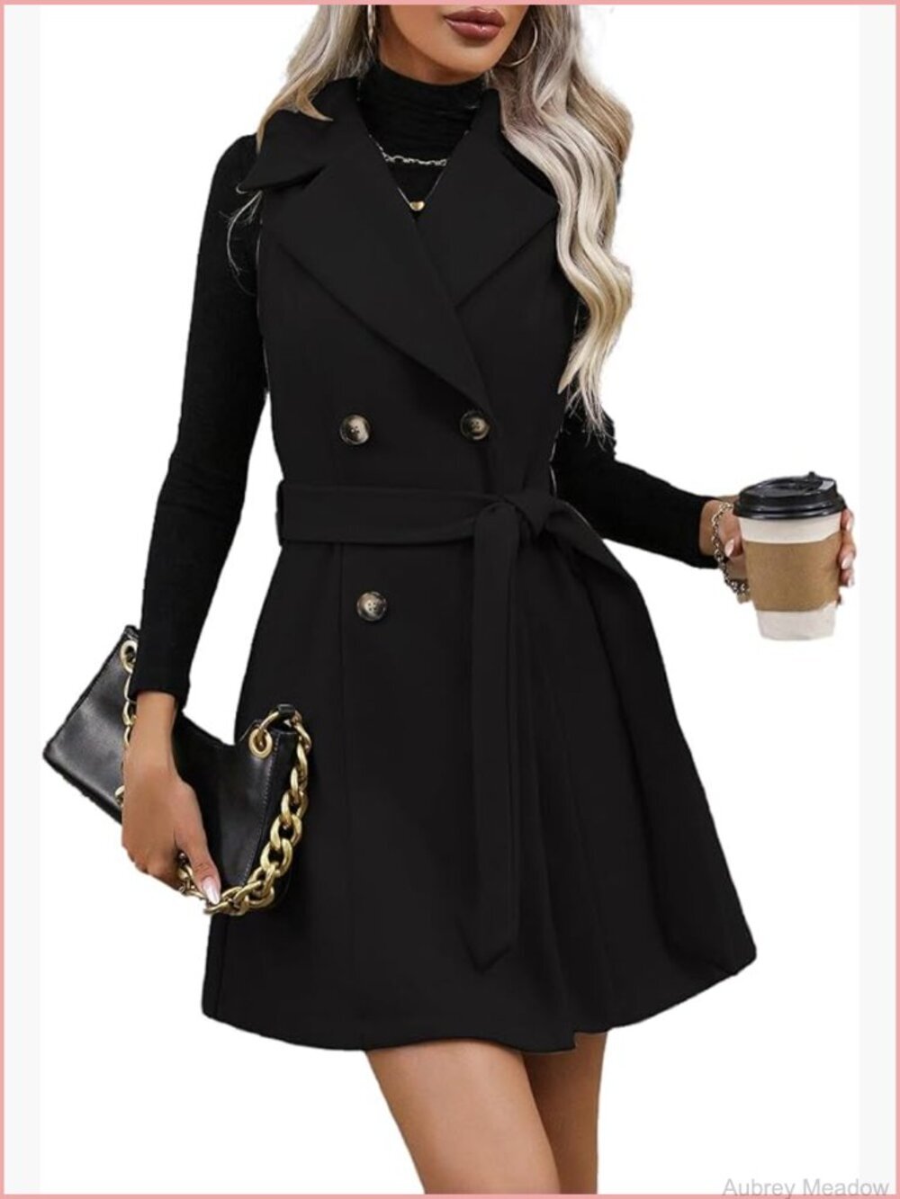 Wool Long Vest Sleeveless Blazer Double Breasted Trench Coat with Belt Fall